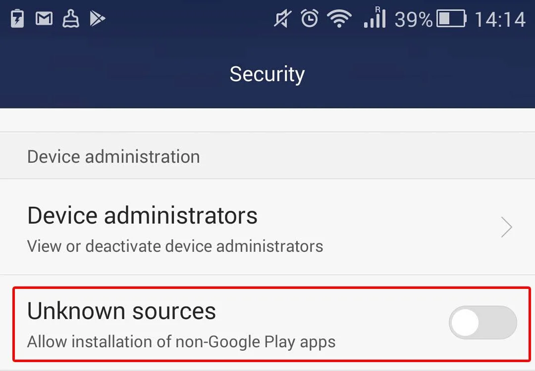 Skrin tetapan keselamatan Android untuk sumber tidak dikenali