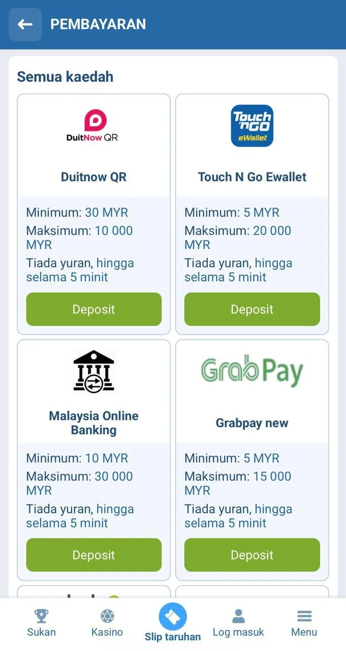 Antara muka kaedah deposit 1xBet menunjukkan pilihan Touch 'n Go, DuitNow, dan FPX