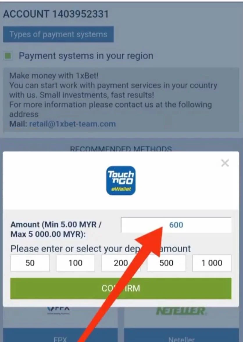 Screenshot halaman deposit 1xBet dengan pilihan Touch 'n Go eWallet