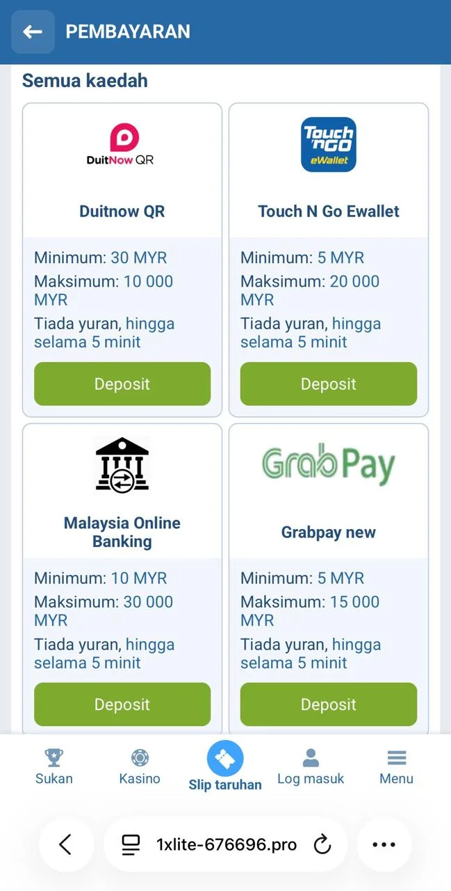 Menu deposit 1xBet dengan pilihan FPX dan e-wallet