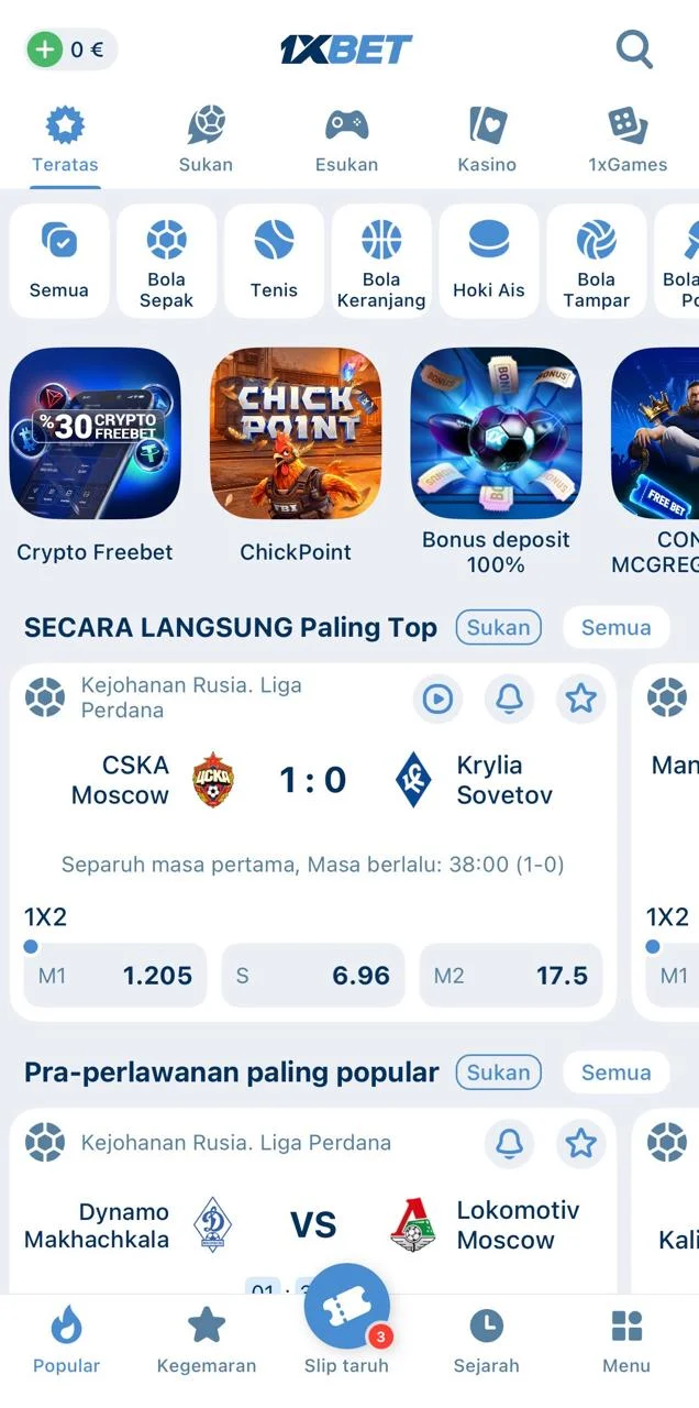 Screenshot laman utama 1xBet dengan pilihan bahasa Bahasa Malaysia