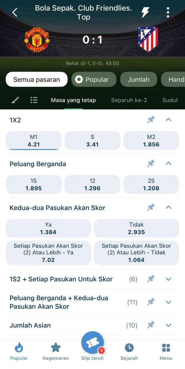 Screenshot aplikasi mudah alih 1xBet menunjukkan pasaran bola sepak