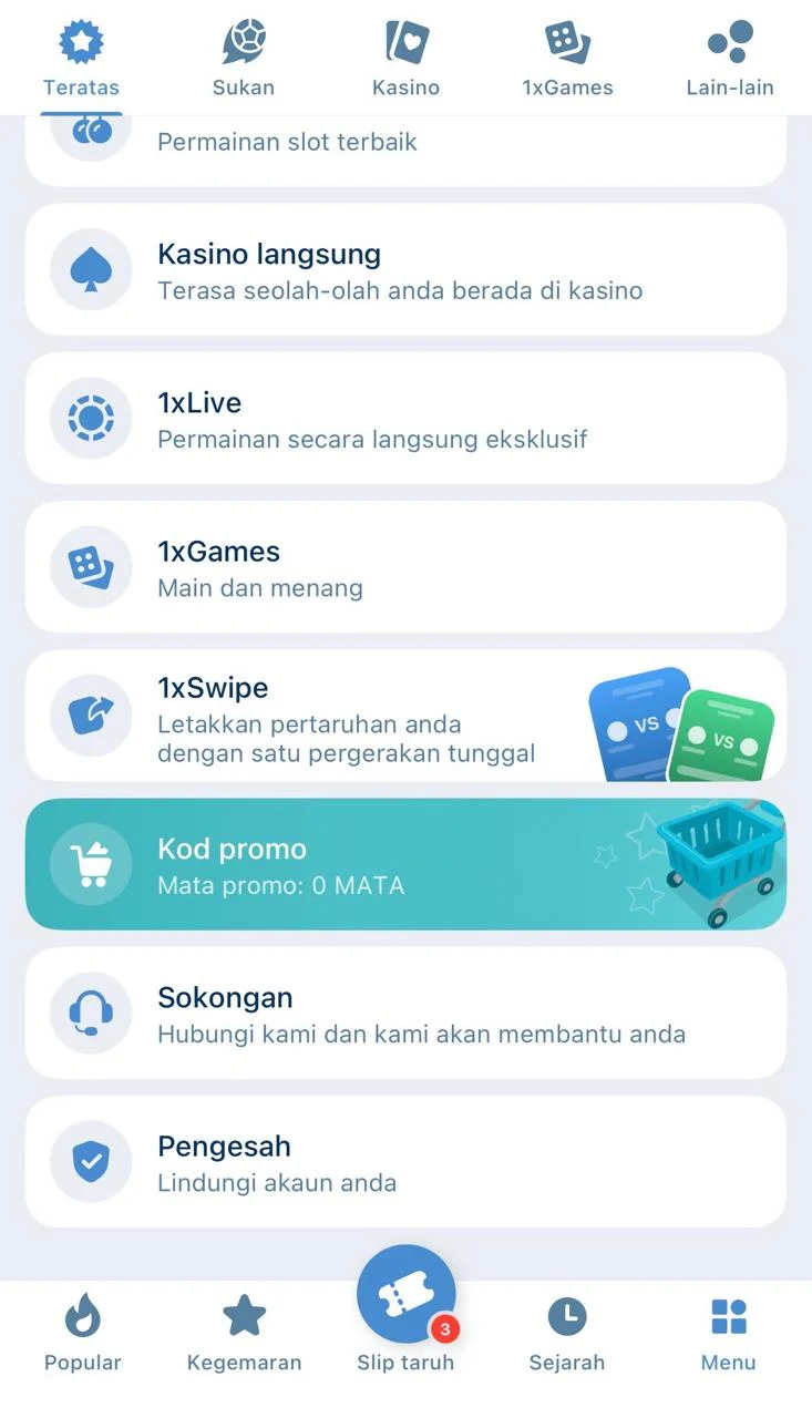 Dashboard utama akaun 1xBet yang menunjukkan baki dan pilihan