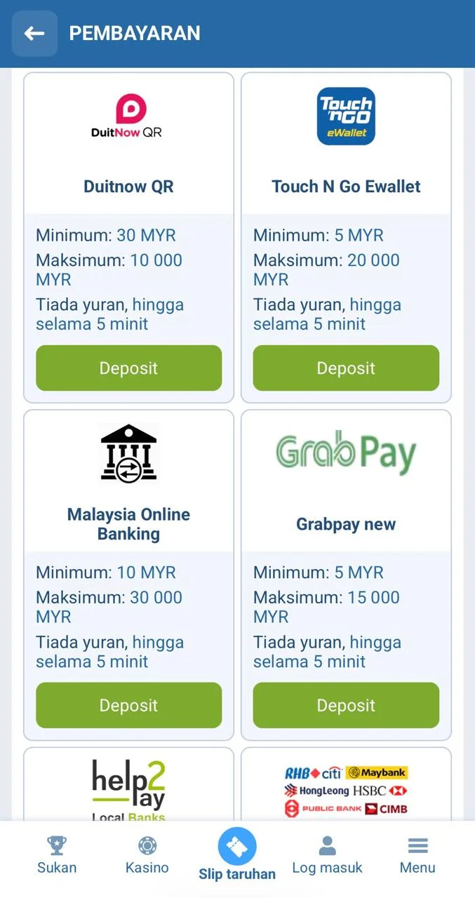 Antara muka kaedah deposit 1xBet Malaysia