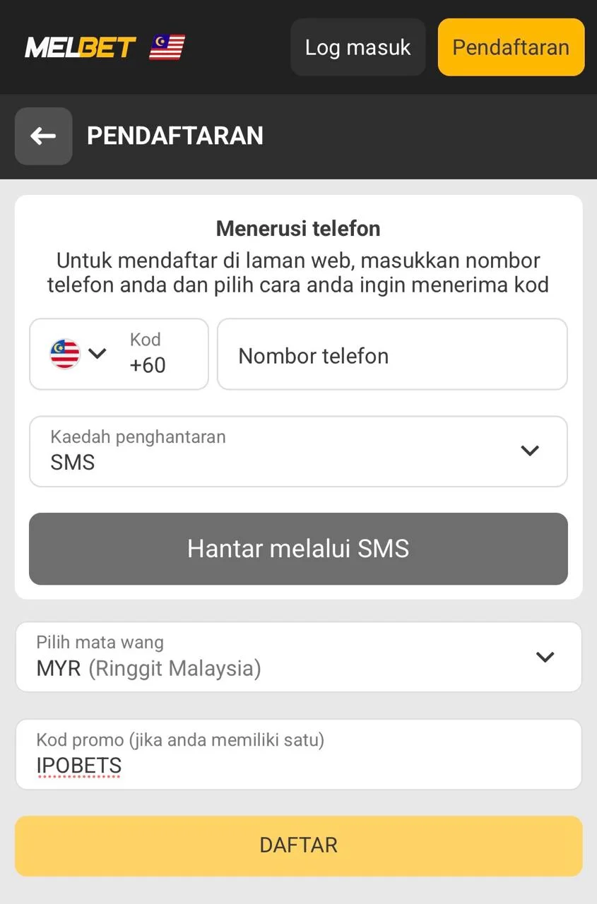 Skrin pendaftaran Melbet dengan pilihan nombor telefon Malaysia